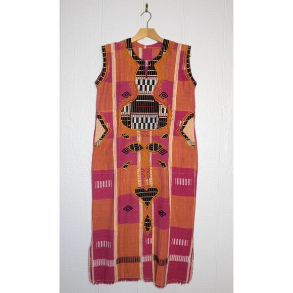 VINTAGE '70s Hand Woven Embroidered Pink & Orange Kaftan Tunic Dress ONE SIZE - Picture 10 of 16